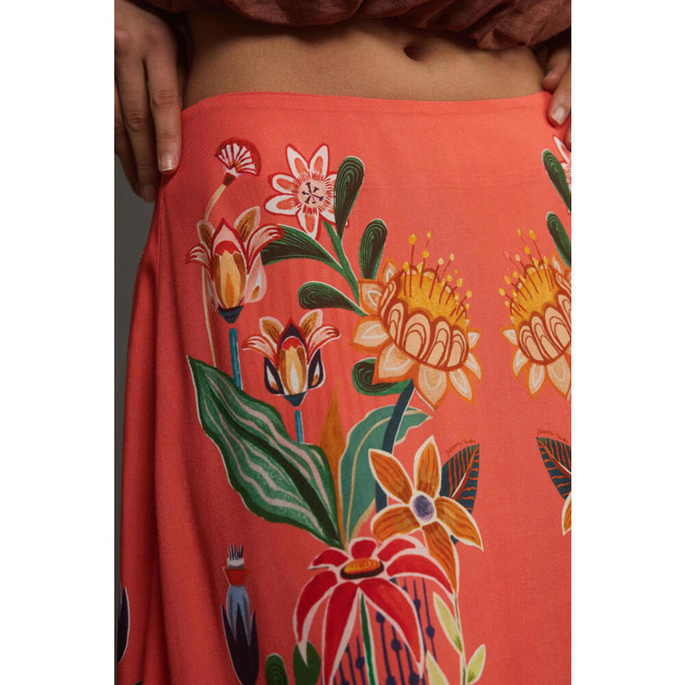 Farm Rio - Coral Floral Midi Skirt with Vibrant Print, Size M - Picture 3 of 10